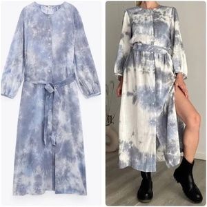 Zara blue tie-dye long sleeve shirt dress